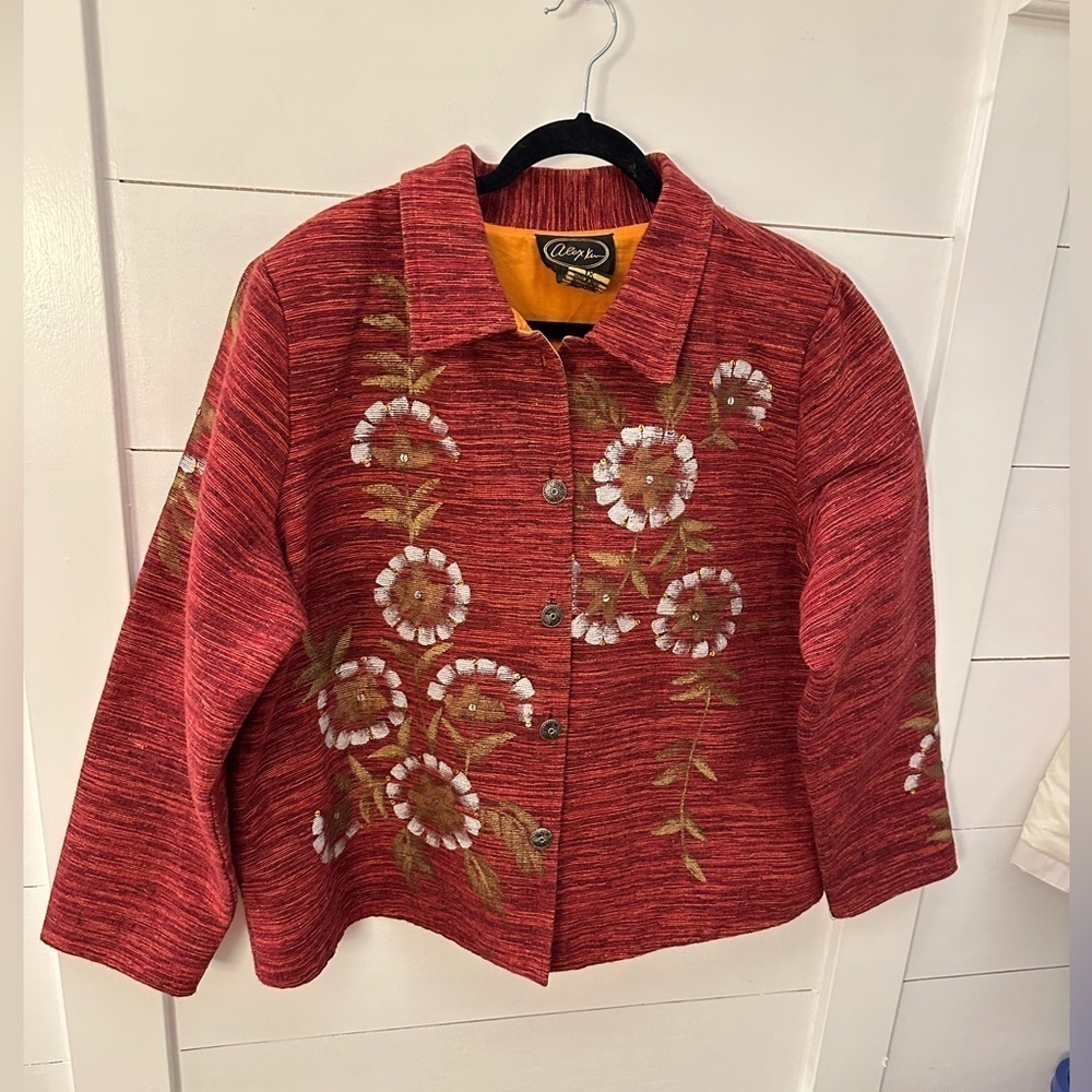 ALEX KIM Woman Red floral painted blazer Cotton 1X artsy novelty grandmacore